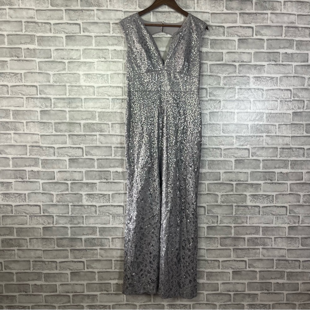 BCBGMaxAzria Silver Sequins Floor Length Formal Keyhole Back Thigh Slit Dress 10